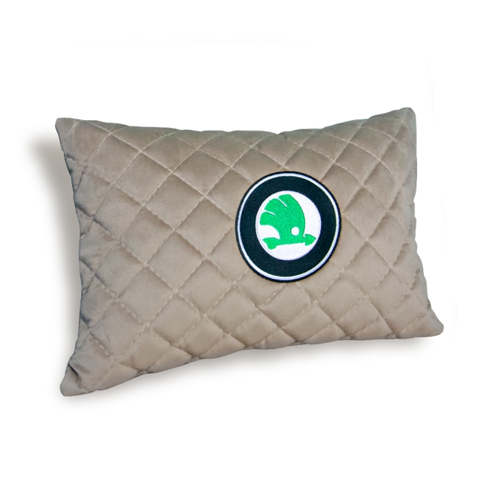 Подушки из алькантары Подушка из алькантары с вышивкой Skoda (Бежевая)