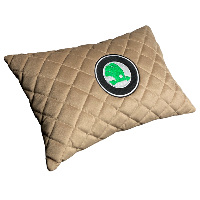 Подушки из алькантары Подушка из алькантары бежевая с вышивкой Skoda